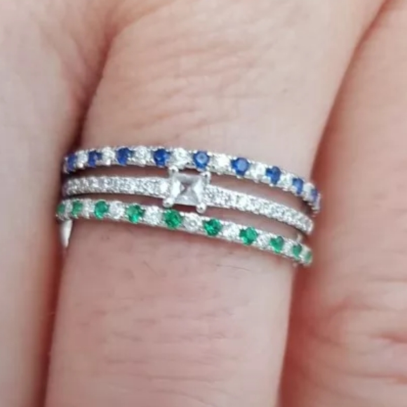 Green Clear Zircon Pave Sterling Silver Band Stackable Diamond Emerald Eternity - Picture 3 of 16